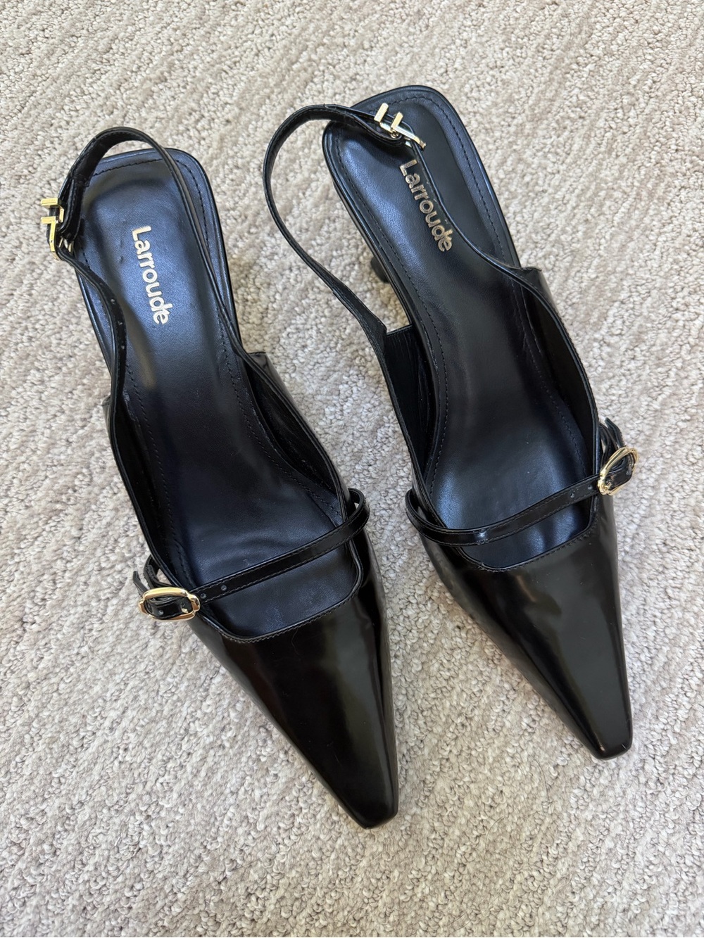 Larroude Ines Black Leather Kitten Heel Slingback Pumps Size 9.5